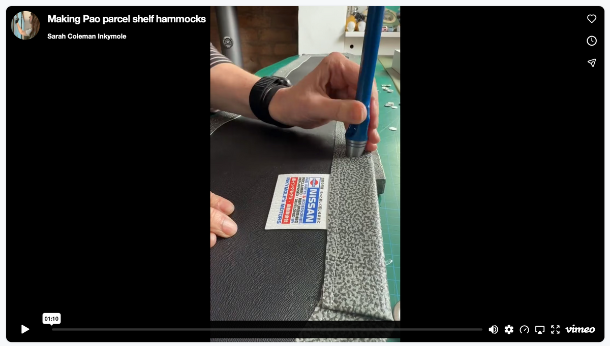 Watch Sarah hand-finishing our custom-made Nissan PAO parcel shelf hammocks